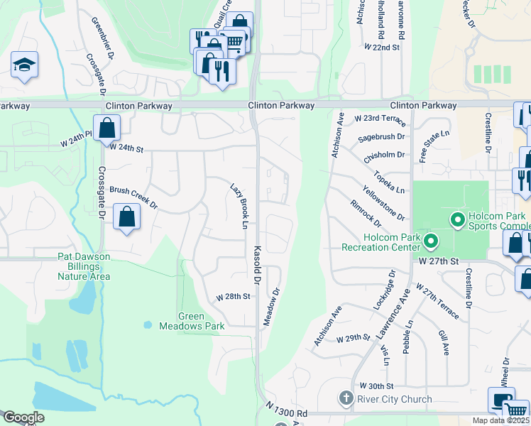 map of restaurants, bars, coffee shops, grocery stores, and more near 3307 Rainier Drive in Lawrence