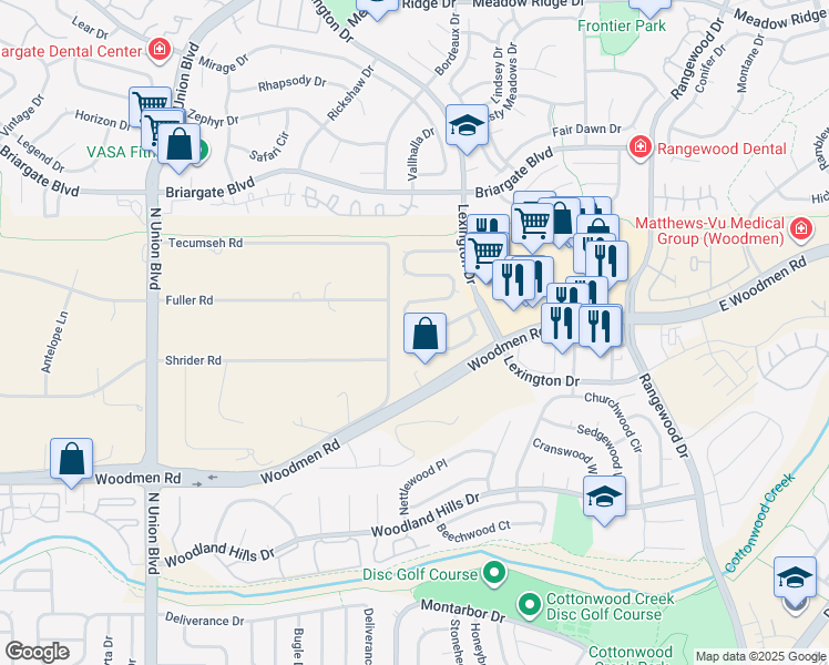 map of restaurants, bars, coffee shops, grocery stores, and more near 7360 Liberty Bell Drive in Colorado Springs