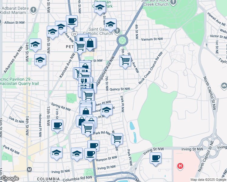 map of restaurants, bars, coffee shops, grocery stores, and more near 604 Quincy Street Northwest in Washington