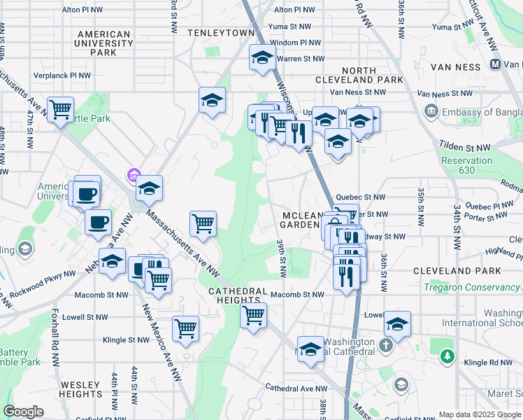 map of restaurants, bars, coffee shops, grocery stores, and more near 3630 39th Street Northwest in Washington