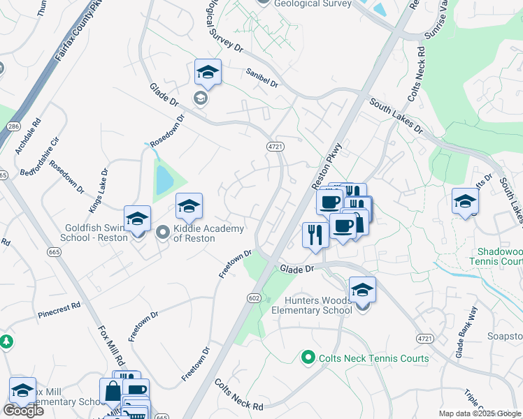 map of restaurants, bars, coffee shops, grocery stores, and more near 2487 Pyrenees Court in Reston