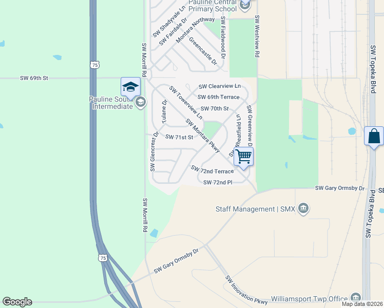 map of restaurants, bars, coffee shops, grocery stores, and more near 7143 Southwest Lario Lane in Topeka