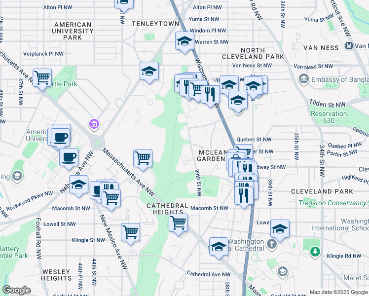 map of restaurants, bars, coffee shops, grocery stores, and more near 3630 39th Street Northwest in Washington