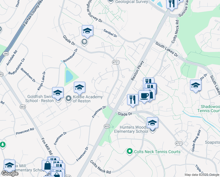map of restaurants, bars, coffee shops, grocery stores, and more near 2487 Pyrenees Court in Reston
