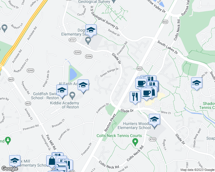 map of restaurants, bars, coffee shops, grocery stores, and more near 2455 Pyrenees Court in Reston