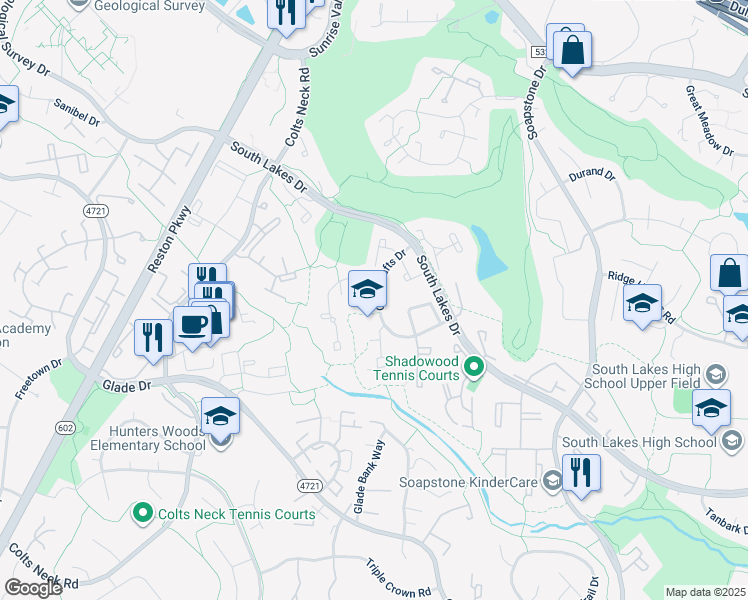 map of restaurants, bars, coffee shops, grocery stores, and more near 11817 Coopers Court in Reston