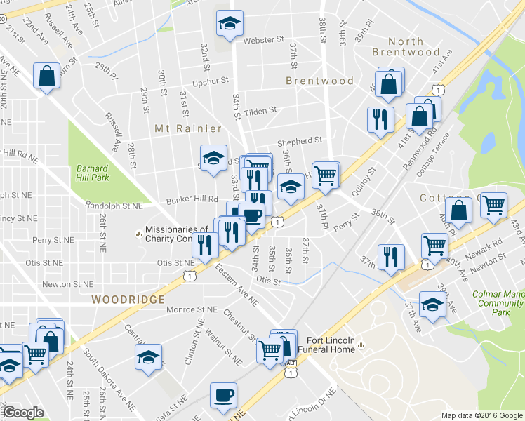 map of restaurants, bars, coffee shops, grocery stores, and more near 3833 34th St in Mt Rainier