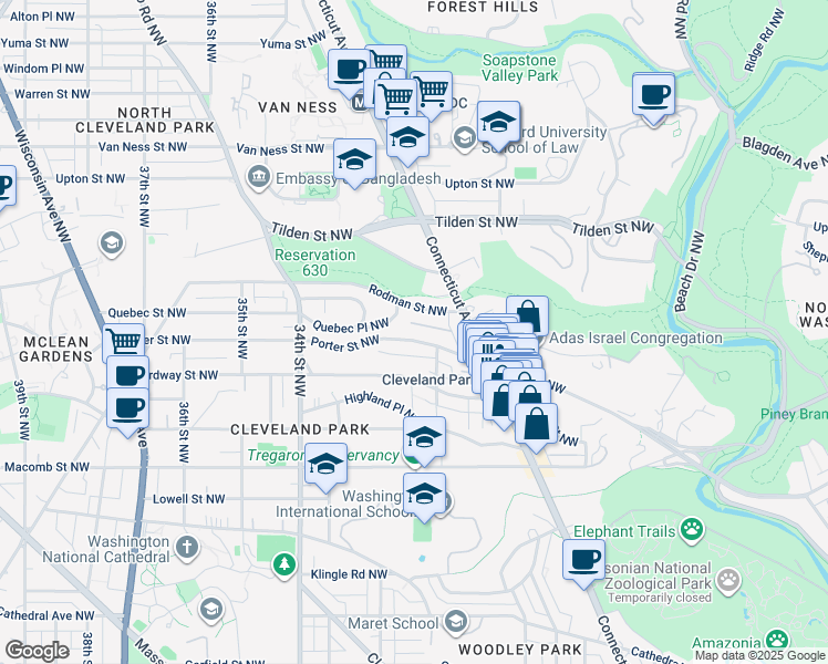 map of restaurants, bars, coffee shops, grocery stores, and more near 3025 Porter Street Northwest in Washington