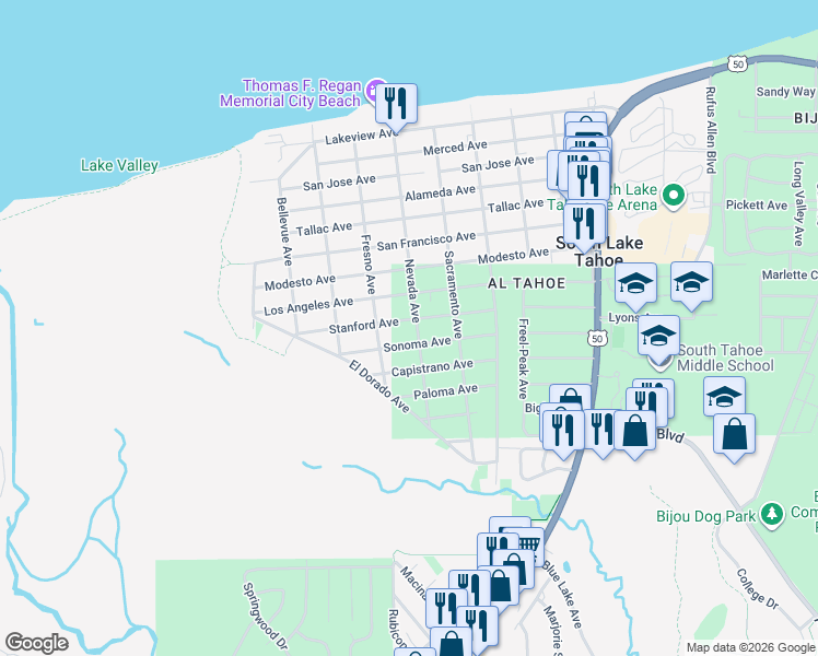 map of restaurants, bars, coffee shops, grocery stores, and more near 802 Sonoma Avenue in South Lake Tahoe