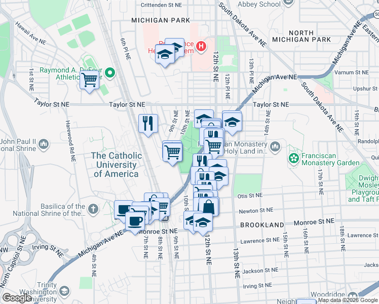 map of restaurants, bars, coffee shops, grocery stores, and more near 1099 Michigan Avenue Northeast in Washington