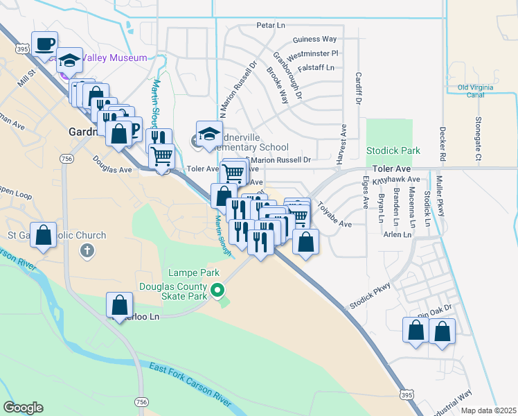 map of restaurants, bars, coffee shops, grocery stores, and more near 1341 U.S. 395 in Gardnerville