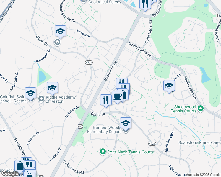 map of restaurants, bars, coffee shops, grocery stores, and more near 2263 Hunter's Run Drive in Reston