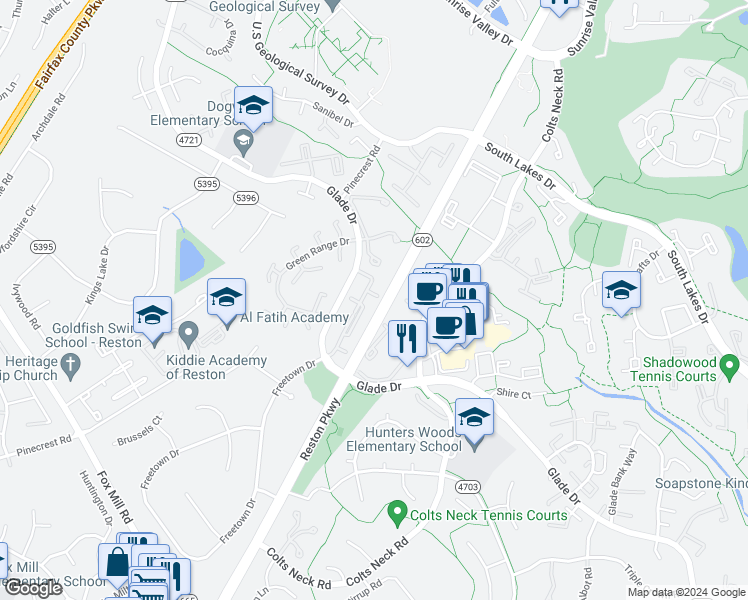 map of restaurants, bars, coffee shops, grocery stores, and more near 2315 Freetown Court in Reston