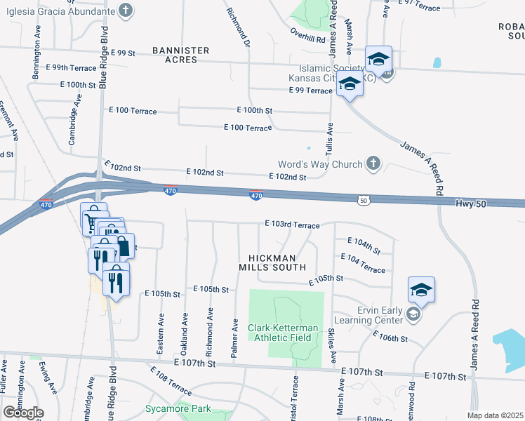 map of restaurants, bars, coffee shops, grocery stores, and more near 10323 Manchester Avenue in Kansas City