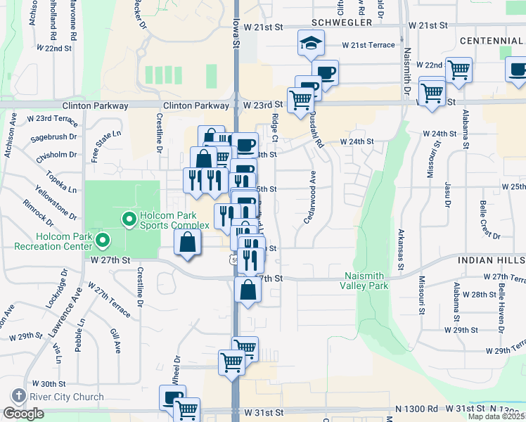 map of restaurants, bars, coffee shops, grocery stores, and more near 2542 Redbud Lane in Lawrence