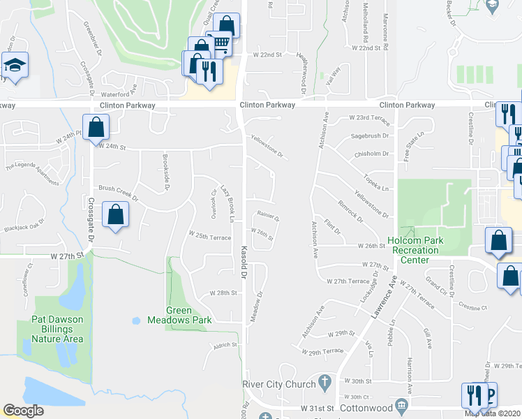 map of restaurants, bars, coffee shops, grocery stores, and more near 3301 Rainier Drive in Lawrence
