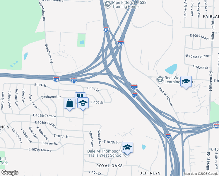 map of restaurants, bars, coffee shops, grocery stores, and more near 4518 104th Street in Kansas City