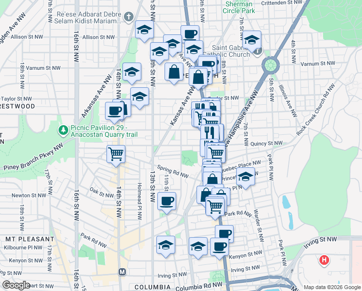 map of restaurants, bars, coffee shops, grocery stores, and more near Quincy Street Northwest & 10th Street Northwest in Washington