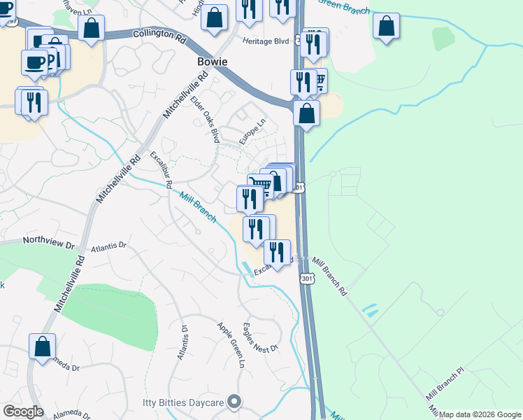 map of restaurants, bars, coffee shops, grocery stores, and more near 3500 Crain Highway in Bowie