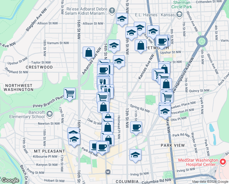 map of restaurants, bars, coffee shops, grocery stores, and more near Quincy Street Northwest in Washington