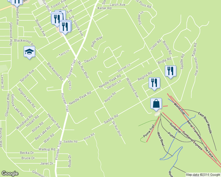 map of restaurants, bars, coffee shops, grocery stores, and more near 3696 Verdon Lane in South Lake Tahoe