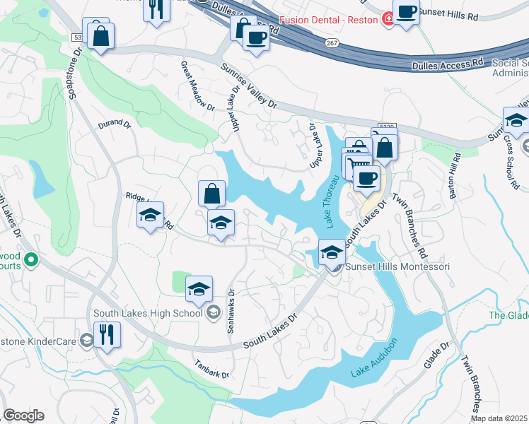 map of restaurants, bars, coffee shops, grocery stores, and more near 2021 Chadds Ford Dr in Reston