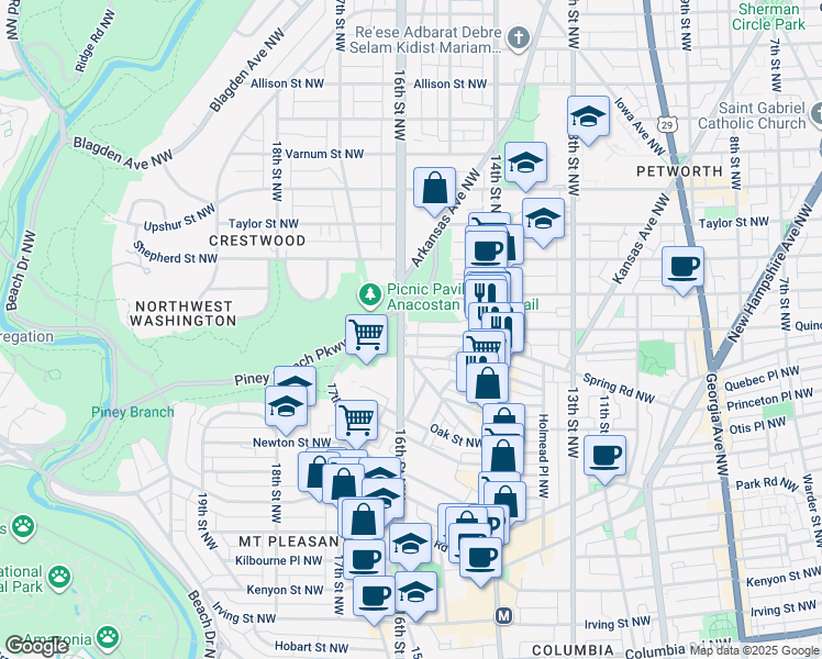 map of restaurants, bars, coffee shops, grocery stores, and more near 3701 16th Street Northwest in Washington
