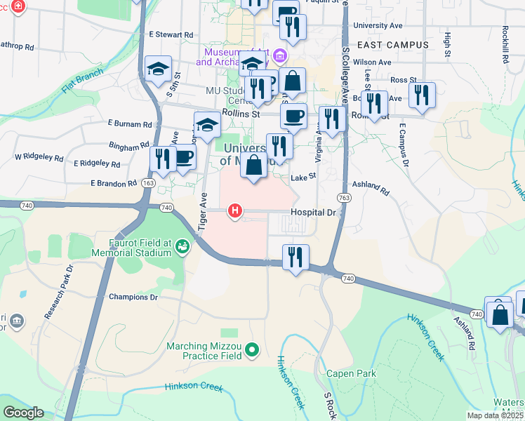 map of restaurants, bars, coffee shops, grocery stores, and more near 1 Hospital Drive in Columbia