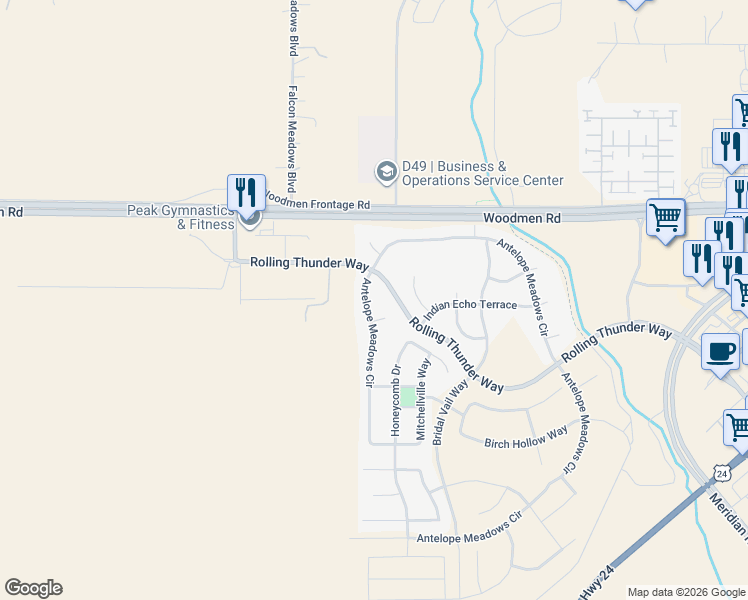 map of restaurants, bars, coffee shops, grocery stores, and more near 7734 Antelope Meadows Circle in Peyton