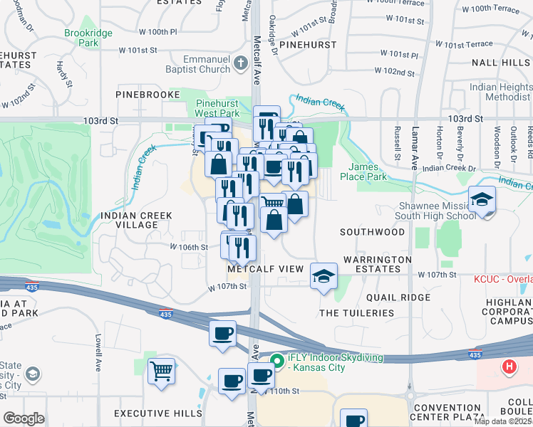 map of restaurants, bars, coffee shops, grocery stores, and more near 10559 Metcalf Avenue in Overland Park
