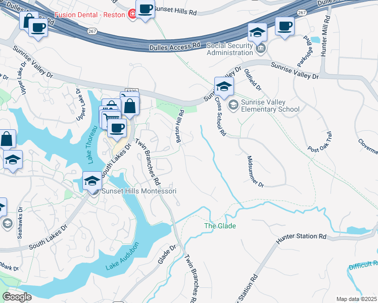 map of restaurants, bars, coffee shops, grocery stores, and more near 10969 Harpers Square Court in Reston