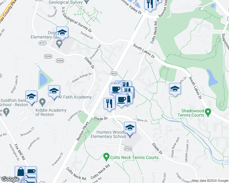 map of restaurants, bars, coffee shops, grocery stores, and more near 2263 Hunter's Run Drive in Reston