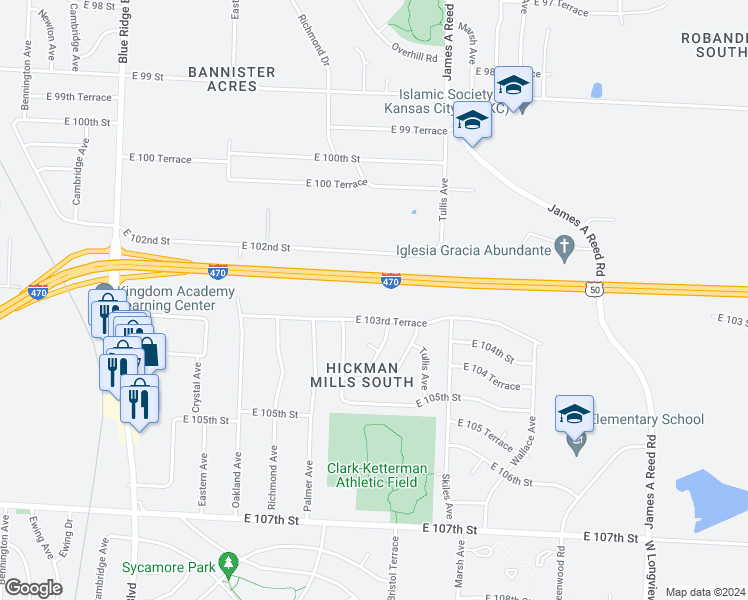 map of restaurants, bars, coffee shops, grocery stores, and more near 7900 East 103rd Terrace in Kansas City