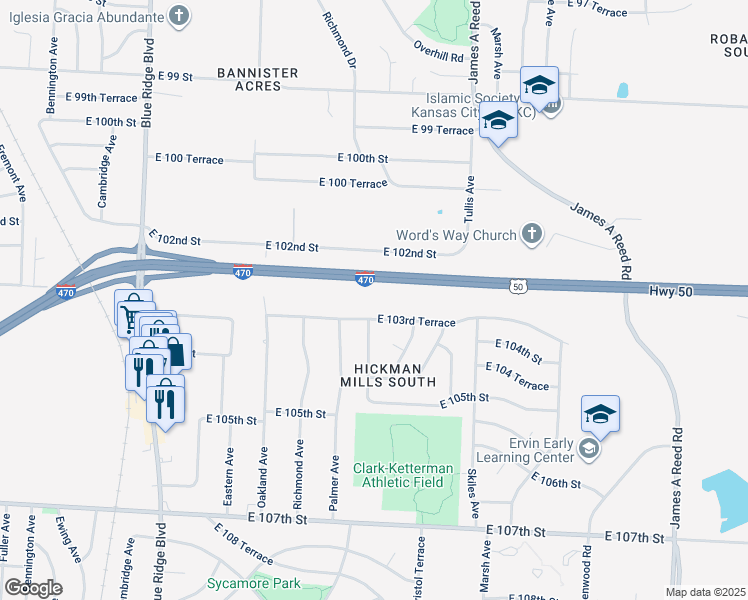 map of restaurants, bars, coffee shops, grocery stores, and more near 10323 Manchester Avenue in Kansas City