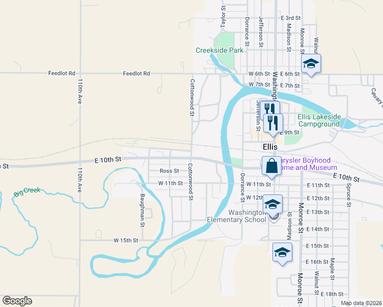map of restaurants, bars, coffee shops, grocery stores, and more near Cottonwood Street in Ellis