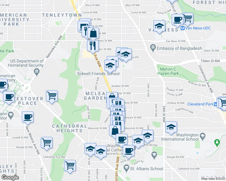 map of restaurants, bars, coffee shops, grocery stores, and more near 3601 Wisconsin Avenue Northwest in Washington
