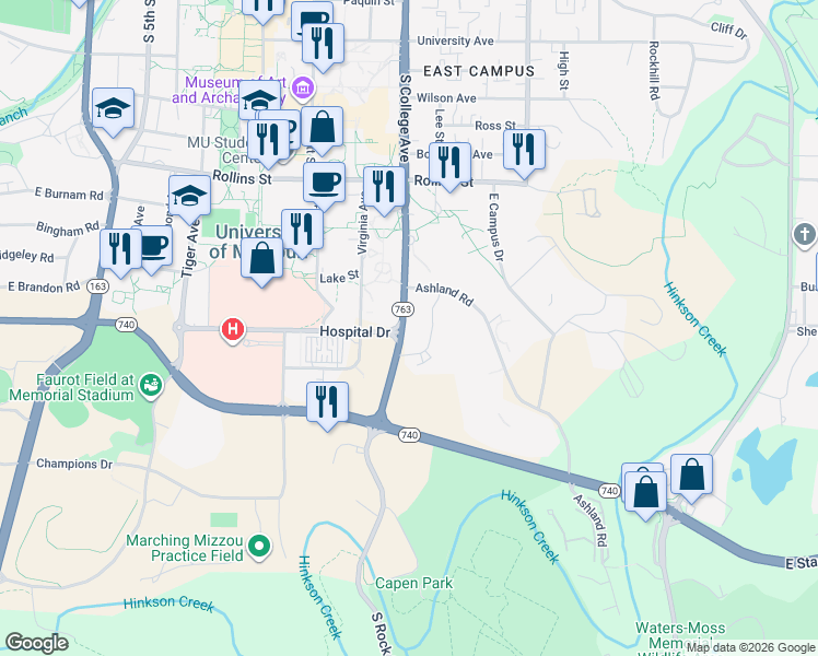 map of restaurants, bars, coffee shops, grocery stores, and more near 1014 South College Avenue in Columbia