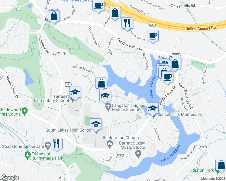 map of restaurants, bars, coffee shops, grocery stores, and more near 2024 Chadds Ford Drive in Reston