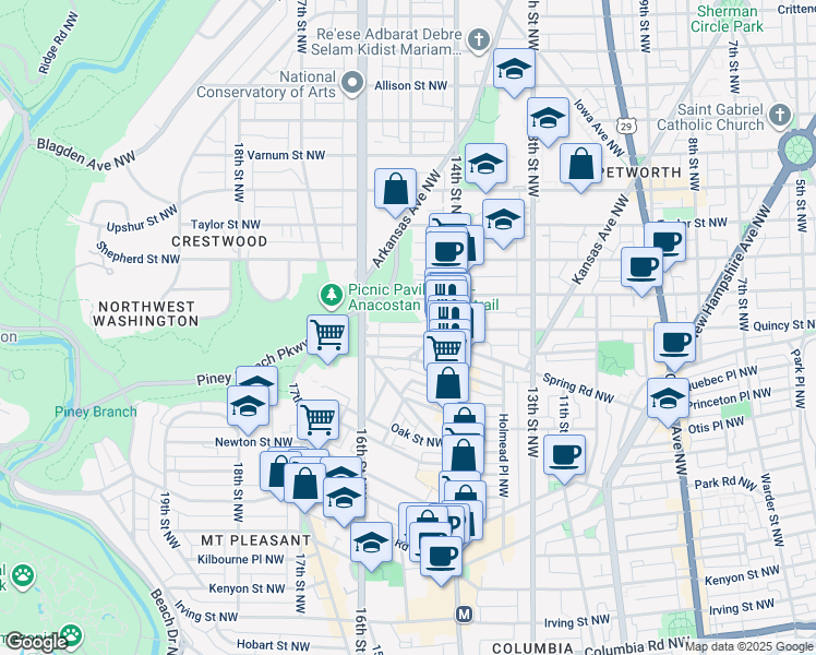 map of restaurants, bars, coffee shops, grocery stores, and more near 1437 Spring Road Northwest in Washington