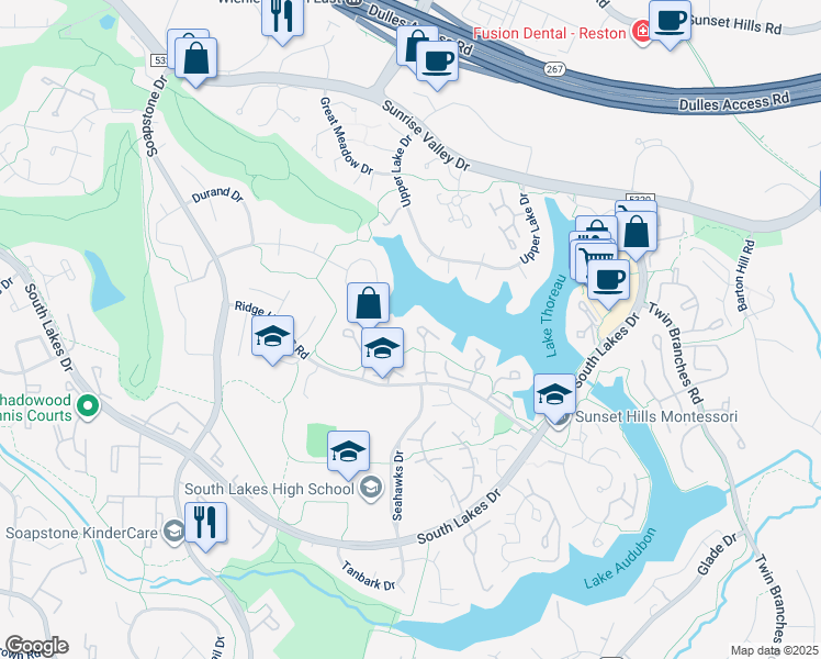 map of restaurants, bars, coffee shops, grocery stores, and more near 2024 Chadds Ford Drive in Reston