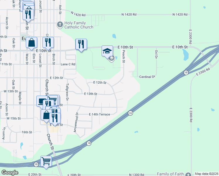 map of restaurants, bars, coffee shops, grocery stores, and more near 914 East 13th Street in Eudora