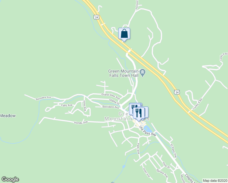 map of restaurants, bars, coffee shops, grocery stores, and more near 10725 Florence Avenue in Green Mountain Falls