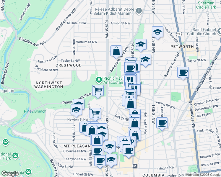 map of restaurants, bars, coffee shops, grocery stores, and more near 3701 16th Street Northwest in Washington