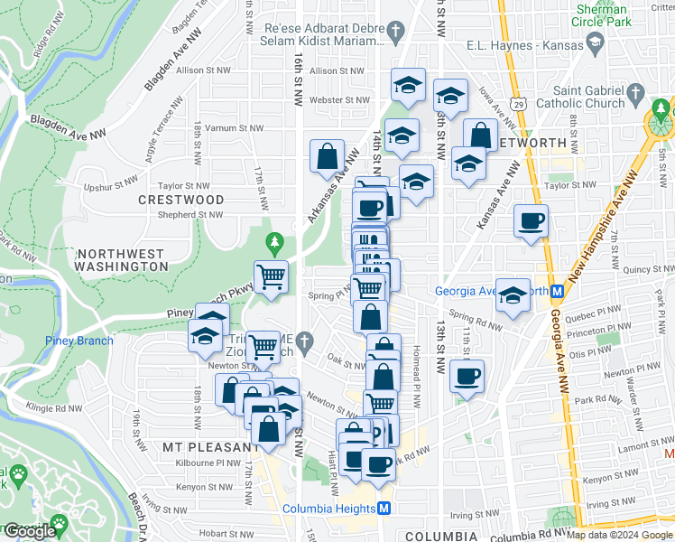 map of restaurants, bars, coffee shops, grocery stores, and more near 1437 Spring Road Northwest in Washington