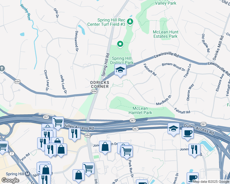 map of restaurants, bars, coffee shops, grocery stores, and more near 8210 Dunsinane Court in McLean
