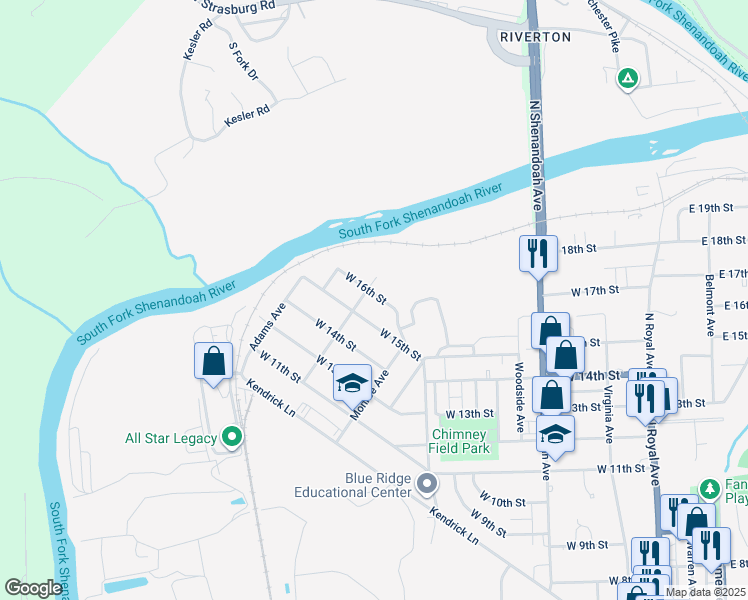 map of restaurants, bars, coffee shops, grocery stores, and more near 744 West 16th Street in Front Royal