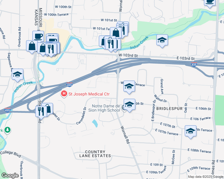 map of restaurants, bars, coffee shops, grocery stores, and more near 400 Carondelet Drive in Kansas City