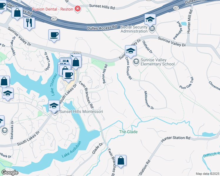 map of restaurants, bars, coffee shops, grocery stores, and more near 10967 Harpers Square Court in Reston