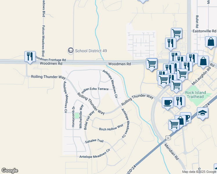map of restaurants, bars, coffee shops, grocery stores, and more near 11187 Indian Echo Terrace in Peyton