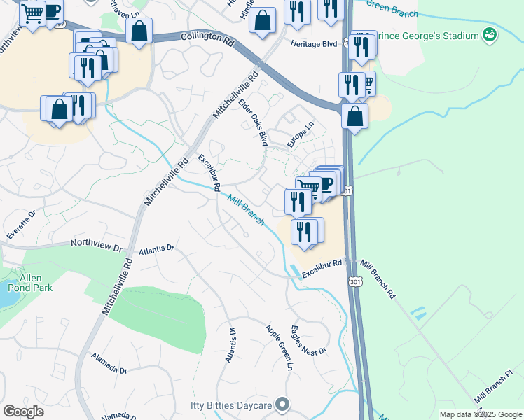 map of restaurants, bars, coffee shops, grocery stores, and more near 3637 Elder Oaks Boulevard in Bowie
